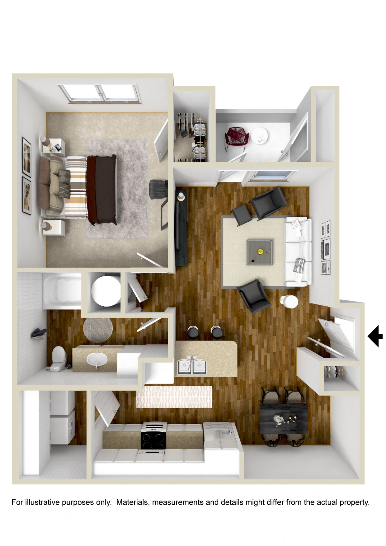 Floor plan for 1 bed, 1 bath, 781 sqft
